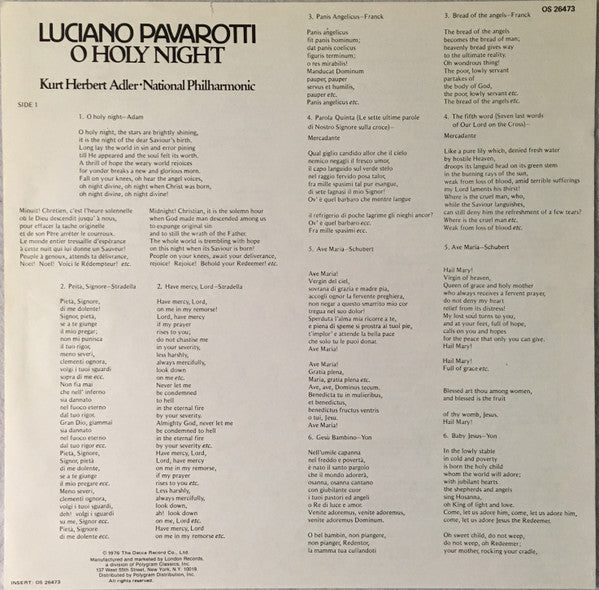 Luciano Pavarotti, Kurt Herbert Adler, National Philharmonic Orchestra : O Holy Night (LP, RE, Spe)