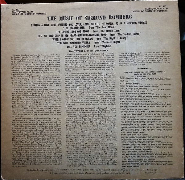 Mantovani : Mantovani Plays The Music Of Romberg (LP)