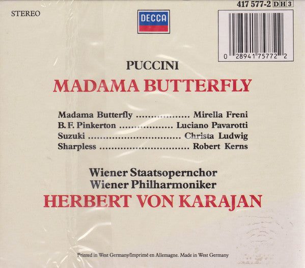 Giacomo Puccini - Mirella Freni, Luciano Pavarotti, Christa Ludwig, Robert Kerns, Wiener Philharmoniker, Herbert Von Karajan : Madama Butterfly (3xCD, Album, RE, RM + Box, Sli)