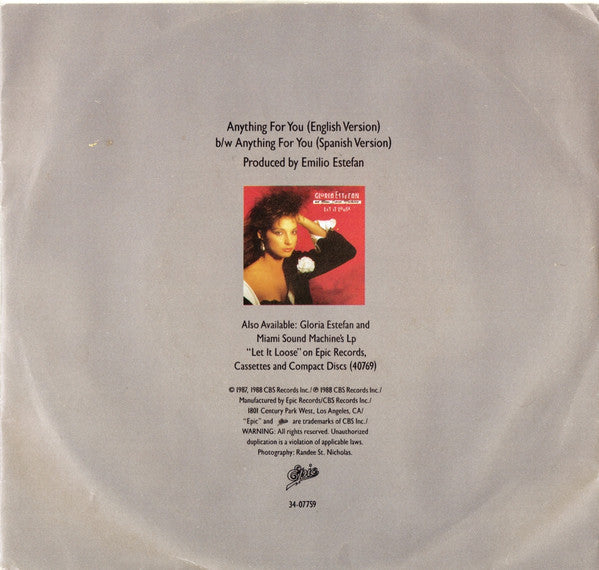 Miami Sound Machine : Anything For You (7", Single, Styrene, Car)