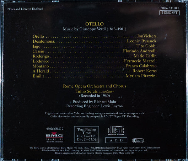 Giuseppe Verdi, Jon Vickers, Leonie Rysanek, Tito Gobbi, Tullio Serafin, Orchestra Del Teatro Dell'Opera Di Roma And Coro Del Teatro Dell'Opera Di Roma : Otello (2xCD, Album, RE, RM + Box)