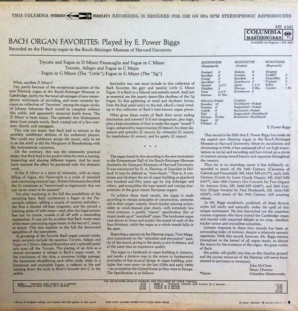 Johann Sebastian Bach : E. Power Biggs : Bach Organ Favorites (LP, Album, 1st)