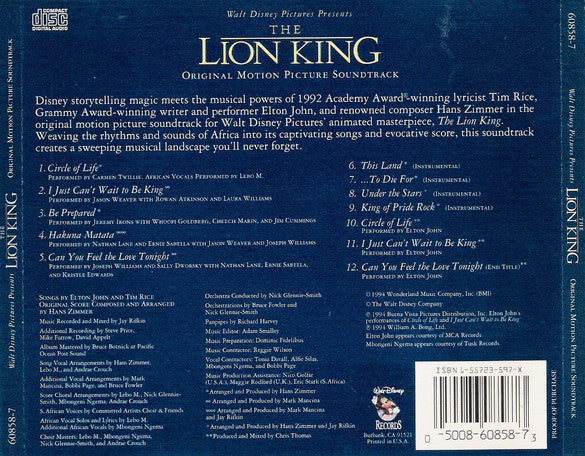 Elton John, Tim Rice, Hans Zimmer : The Lion King (Original Motion Picture Soundtrack) (CD, Album)