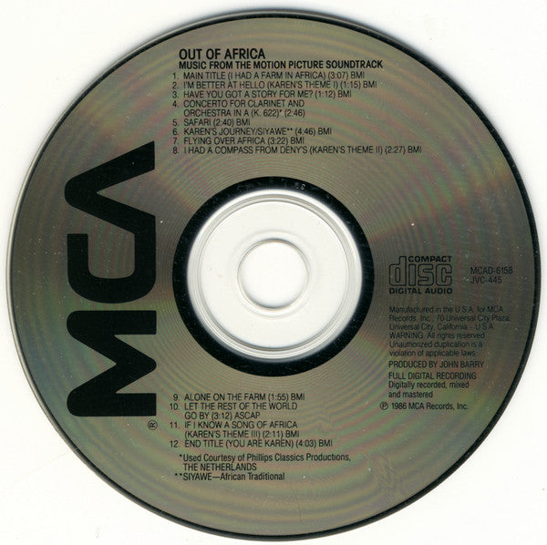 John Barry : Out Of Africa (Music From The Motion Picture Soundtrack) (CD, Album)