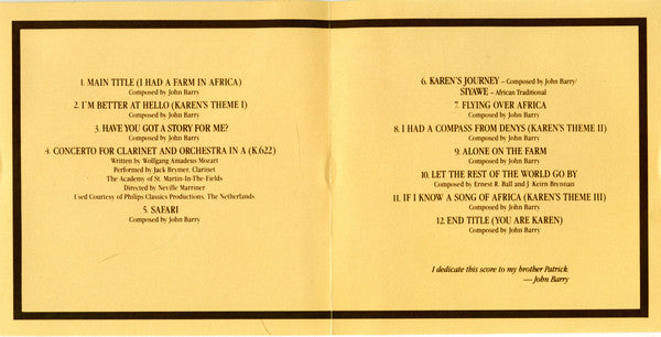 John Barry : Out Of Africa (Music From The Motion Picture Soundtrack) (CD, Album)