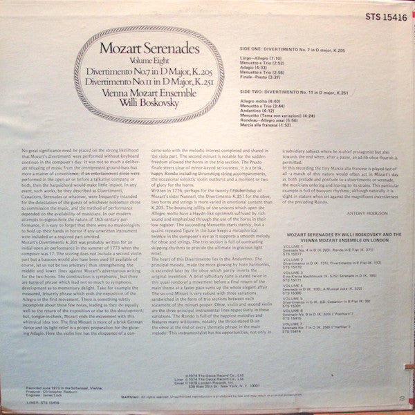 Wiener Mozart Ensemble, Wolfgang Amadeus Mozart, Willi Boskovsky : Serenades Volume 8 (LP)