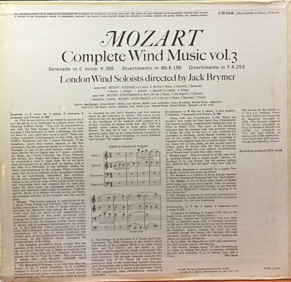 Wolfgang Amadeus Mozart, London Wind Soloists Directed By Jack Brymer : Complete Wind Music Vol.3 (LP, Album, Mono)