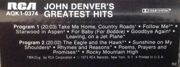 John Denver : John Denver's Greatest Hits (Cass, Comp, RE, Cov)