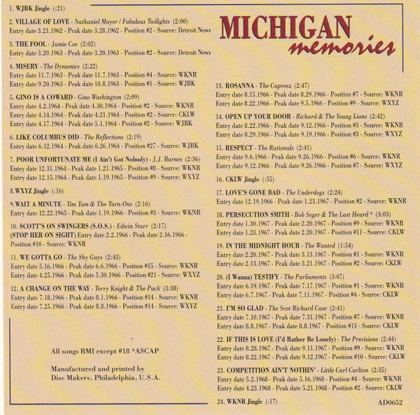 Various : Michigan Memories, Volume 1 (CD, Comp)