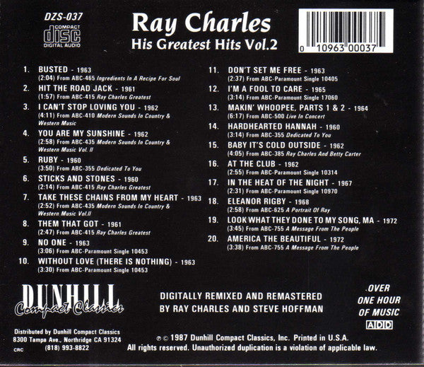 Ray Charles : His Greatest Hits Vol. 2 (CD, Comp, Club, RM, CRC)