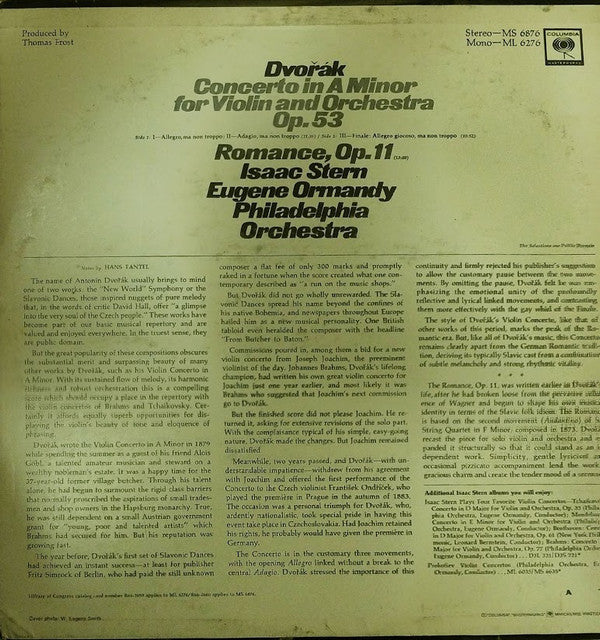 Antonín Dvořák - Isaac Stern, Eugene Ormandy, The Philadelphia Orchestra : Violin Concerto / Romance For Violin And Orchestra (LP, Album, Mono, Promo)