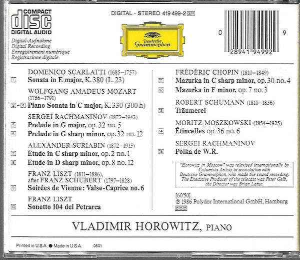 Vladimir Horowitz : Horowitz In Moscow (CD, PDO)