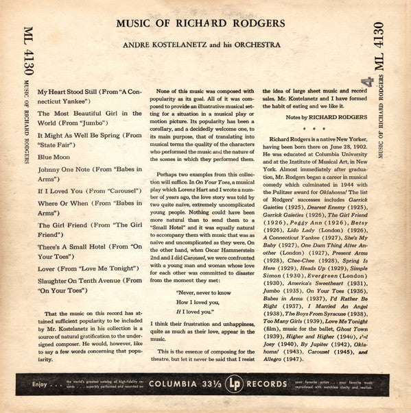 André Kostelanetz And His Orchestra : Music Of Richard Rodgers (LP, Album, Mono, RP)