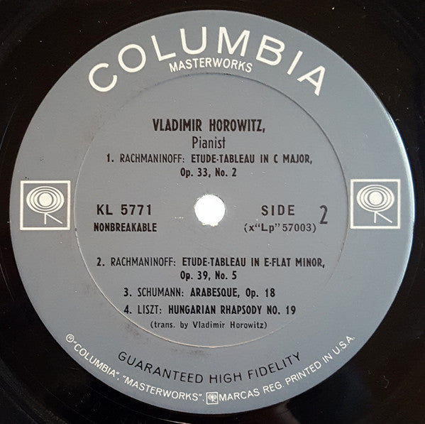 Vladimir Horowitz / Frédéric Chopin / Robert Schumann / Sergei Vasilyevich Rachmaninoff / Franz Liszt : Columbia Records Presents Vladimir Horowitz • Works By Chopin, Rachmaninoff, Schumann And Liszt (LP, Mono, Pit)