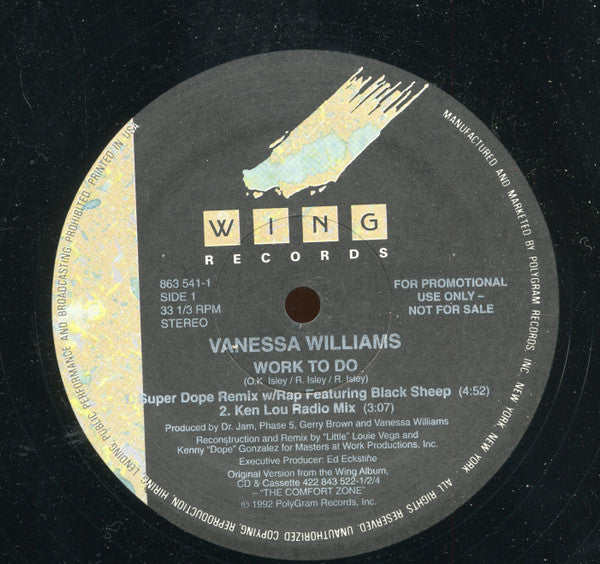 Vanessa Williams Featuring Black Sheep : Work To Do (12", Single, Promo)