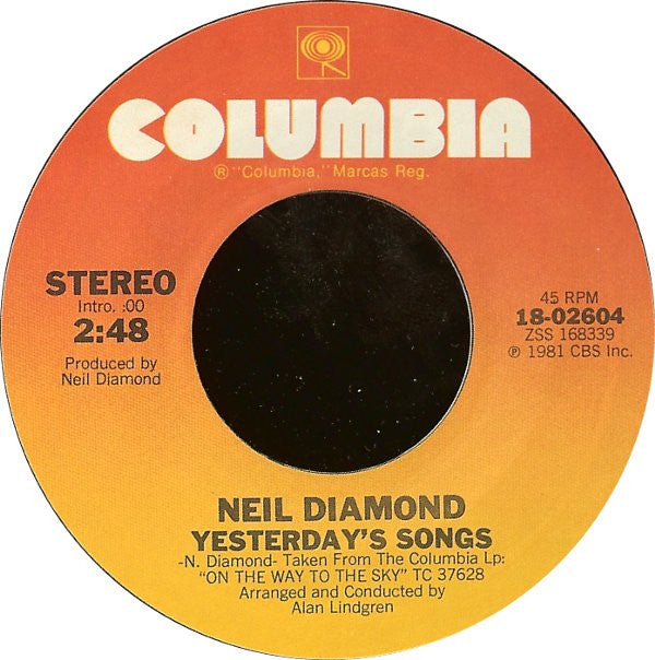 Neil Diamond : Yesterday's Songs (7", Single, Styrene, Ter)