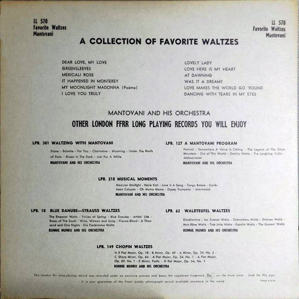Mantovani And His Orchestra : A Collection Of Favorite Waltzes (LP, Album, Mono)