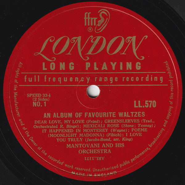 Mantovani And His Orchestra : A Collection Of Favorite Waltzes (LP, Album, Mono)