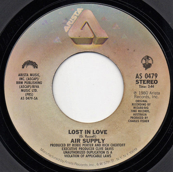 Air Supply : Lost In Love (7", Single, Styrene, She)