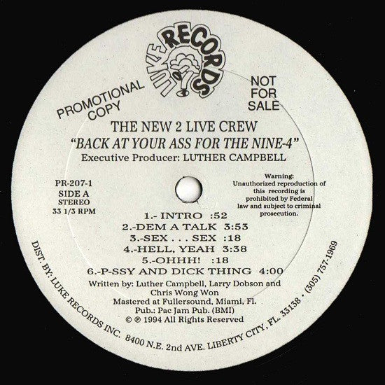The New 2 Live Crew : Back At Your Ass For The Nine-4 (2xLP, Album, Promo)