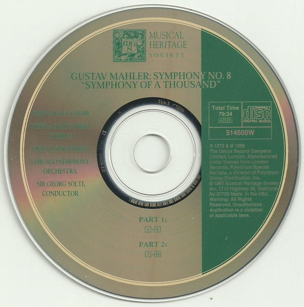 Gustav Mahler, Heather Harper, Lucia Popp, Arleen Auger, Yvonne Minton, Helen Watts, René Kollo, John Shirley-Quirk, Martti Talvela, Wiener Staatsopernchor, Wiener Singverein, Die Wiener Sängerknaben, Chicago Symphony Orchestra, Georg Solti : Symphony No. 8 In E-Flat Major "Symphony Of A Thousand" (CD, Club, RE)