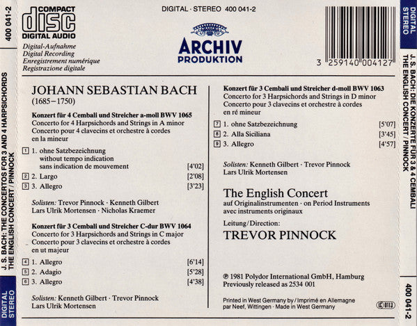 Johann Sebastian Bach - Trevor Pinnock • Kenneth Gilbert • Lars Ulrik Mortensen • Nicholas Kraemer • The English Concert : Die Konzerte Für 3 Und 4 Cembali / The Concertos for 3 and 4 Harpsichords (CD, Album, RE)