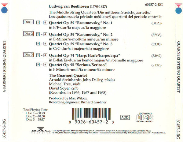 Ludwig van Beethoven / Guarneri Quartet : The Middle String Quartets Opp. 59, 74, 95 (3xCD, Album, RE, RM, RP)