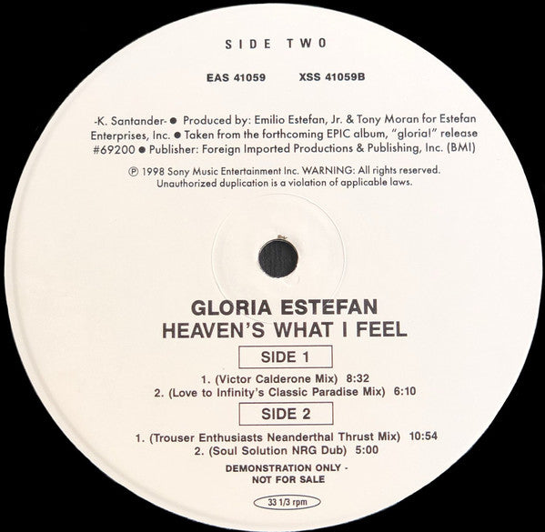 Gloria Estefan : Heaven's What I Feel (12", Single, Promo, #1)