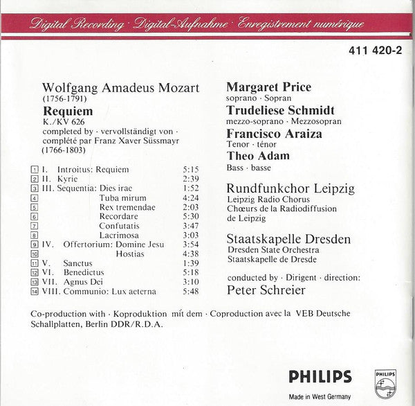 Wolfgang Amadeus Mozart / Margaret Price, Trudeliese Schmidt, Francisco Araiza, Theo Adam ; Rundfunkchor Leipzig & Staatskapelle Dresden, Peter Schreier : Requiem (CD, Album, RE)