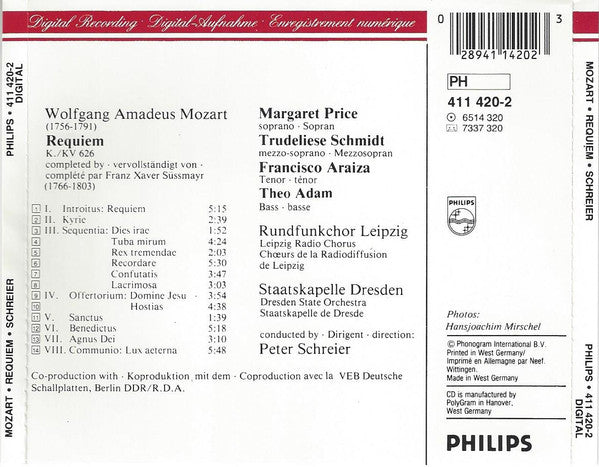 Wolfgang Amadeus Mozart / Margaret Price, Trudeliese Schmidt, Francisco Araiza, Theo Adam ; Rundfunkchor Leipzig & Staatskapelle Dresden, Peter Schreier : Requiem (CD, Album, RE)