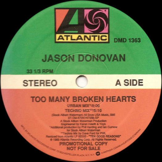 Jason Donovan : Too Many Broken Hearts (12", Promo)