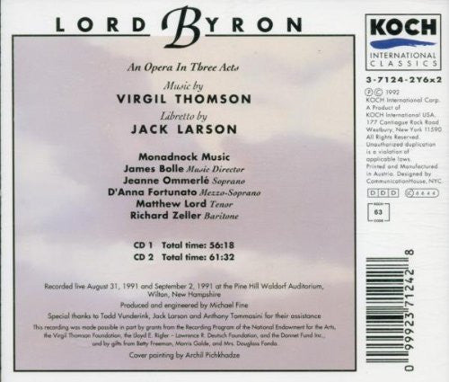 Virgil Thomson, Jack Larson / Monadnock Music, James Bolle, Jeanne Ommerlé, D'Anna Fortunato, Matthew Lord, Richard Zeller : Lord Byron, An Opera In Three Acts (2xCD, Album)