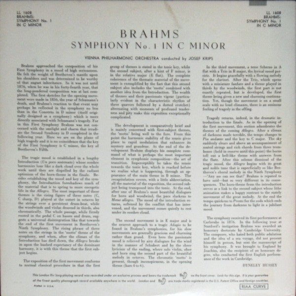 Johannes Brahms, Wiener Philharmoniker Conducted By Josef Krips : Brahms Symphony No.1 In C Minor, Op.68 (LP, Mono)