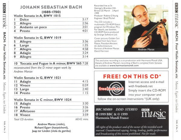 Johann Sebastian Bach / Andrew Manze, Richard Egarr, Jaap ter Linden : Four Violin Sonatas, Etc (CD, Album)