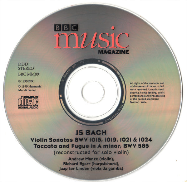 Johann Sebastian Bach / Andrew Manze, Richard Egarr, Jaap ter Linden : Four Violin Sonatas, Etc (CD, Album)
