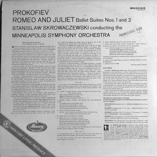 Sergei Prokofiev, Minneapolis Symphony Orchestra, Stanislaw Skrowaczewski : Romeo And Juliet, Ballet Suites Nos. 1 & 2 (LP, Mono)