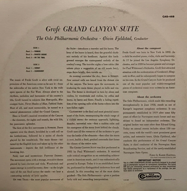 Ferde Grofé, Oslo Filharmoniske Orkester, Øivin Fjeldstad : Grand Canyon Suite (LP, Ind)