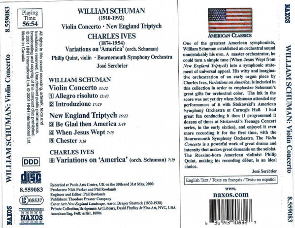 William Schuman – Philippe Quint • Bournemouth Symphony Orchestra • Jose Serebrier : Violin Concerto • New England Triptych • Variations On 'America' (CD, Album)