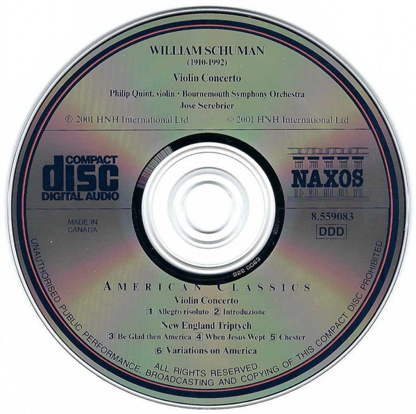 William Schuman – Philippe Quint • Bournemouth Symphony Orchestra • Jose Serebrier : Violin Concerto • New England Triptych • Variations On 'America' (CD, Album)