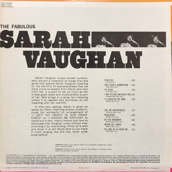 Sarah Vaughan : The Fabulous Sarah Vaughan (LP)