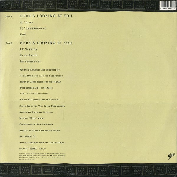 Teena Marie : Here's Looking At You (12", Single)