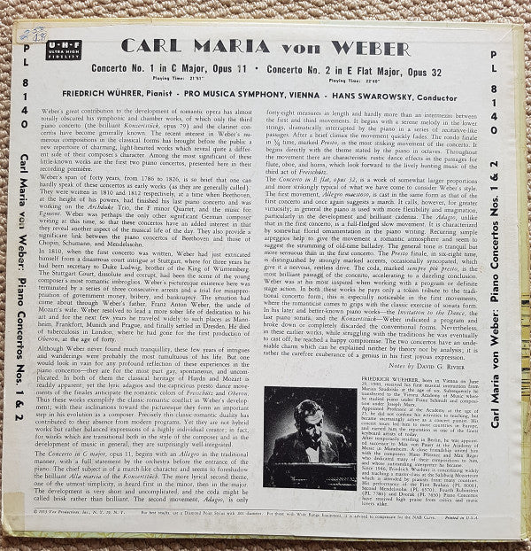 Carl Maria Von Weber, Friedrich Wührer, Vienna Pro Musica Orchestra, Hans Swarowsky : Piano Concertos / No. 1 In C Major, Op. 11  No. 2 In E Flat Major, Op. 32 (LP, Mono)