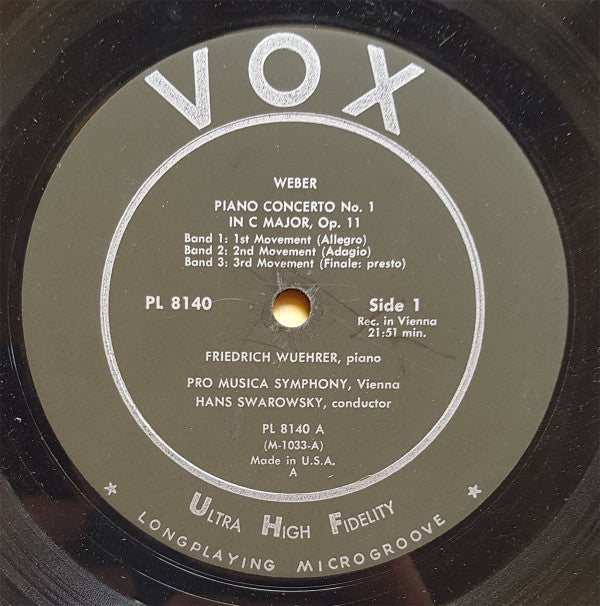 Carl Maria Von Weber, Friedrich Wührer, Vienna Pro Musica Orchestra, Hans Swarowsky : Piano Concertos / No. 1 In C Major, Op. 11  No. 2 In E Flat Major, Op. 32 (LP, Mono)