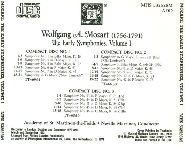 Wolfgang Amadeus Mozart - The Academy Of St. Martin-in-the-Fields, Sir Neville Marriner : The Early Symphonies, Volume 1 (3xCD, RE)