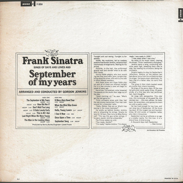 Frank Sinatra : September Of My Years (LP, Album, Mono, Pit)