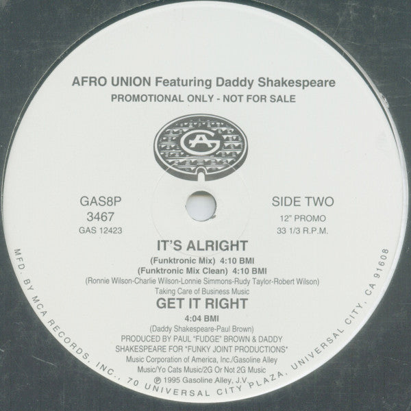 Afro Union Featuring Daddy Shakespeare : It's Alright (12", Promo)