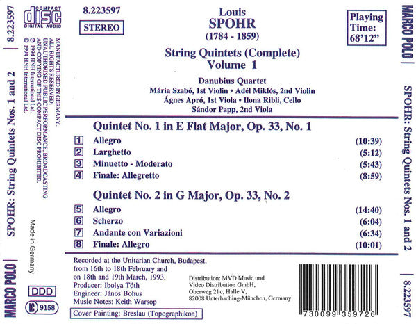 Louis Spohr, Danubius Quartet, Sándor Papp : String Quintets (Complete) Volume 1 (CD, Album)