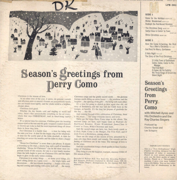 Perry Como : Season's Greetings From Perry Como (LP, Album, Mono, RP, Ind)