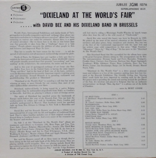 David Bee And His Dixieland Band : Dixieland At The World's Fair (LP, Album, RE, Bla)