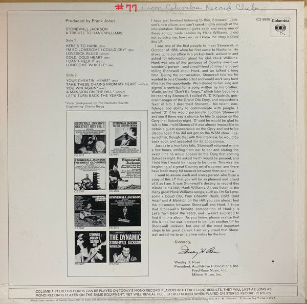 Stonewall Jackson : A Tribute To Hank Williams (LP, Album, Ter)